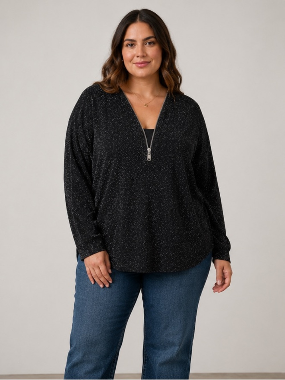 BRAND BAZAR Black Sparkle Zip Front Long Sleeve Top XL